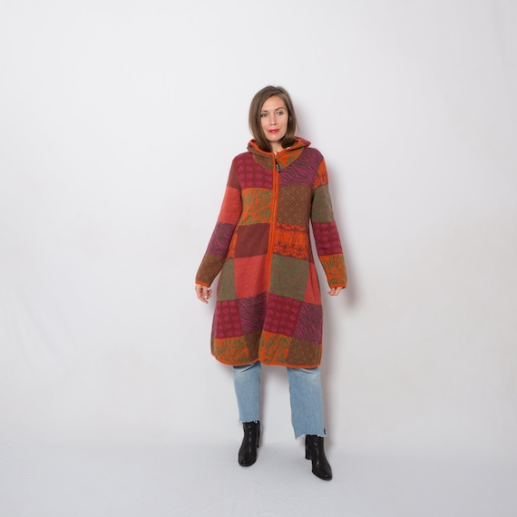 Merino Wool Coat Patchwork Coat Long Cardigan Hood