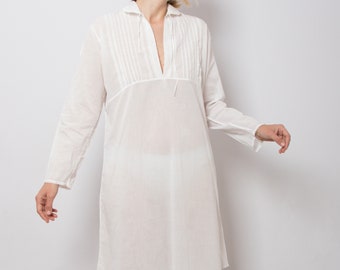 Vintage White Cotton Nightgown Women Organic Sleepwear Semi Sheer Nightgown Semi See Through Night Gown Small Size Gift for Girlfriend Wife