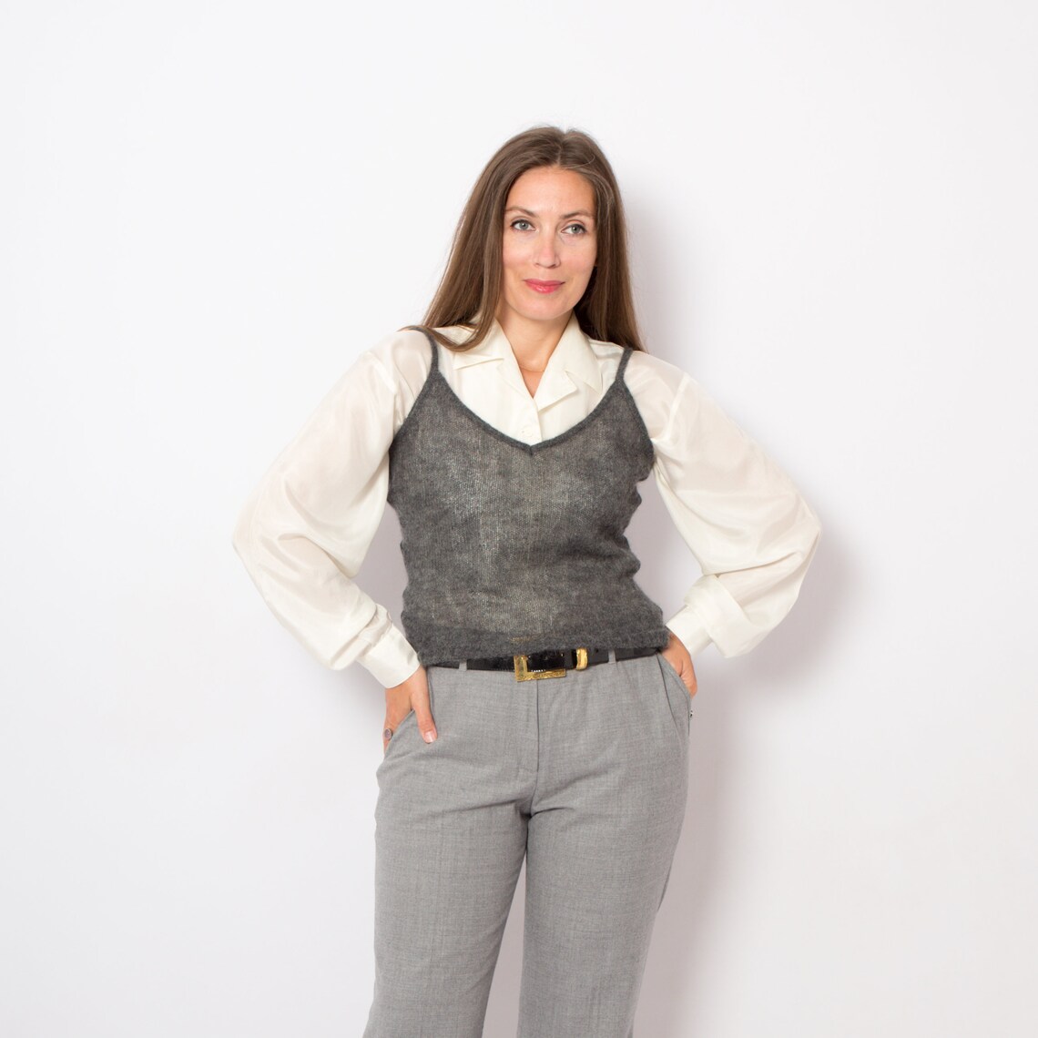 Grey Knit Crop Top Mohair Sweater Vest Women Top Knitted Vest Etsy