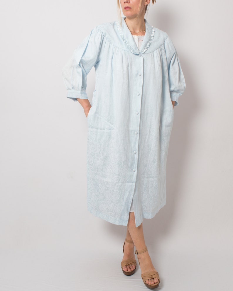 MISS HELEN Robe de chambre bleue pour femme Robe de chambre en coton à fleurs avec poches à col Convient aux tailles M, L image 7