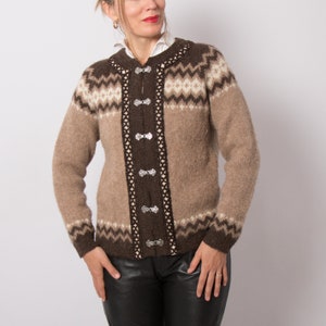 Vintage Brown Wool Cardigan Textured Cardigan Fuzzy Cardigan Fair Isle Cardigan Made in Norway will fit S, M image 4