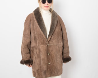 Vintage Brown Shearling Coat Men Women Oversized Suede Shearling Jacket can fit L, XL Size Gift for Boyfriend Brother Wife Girlfriend