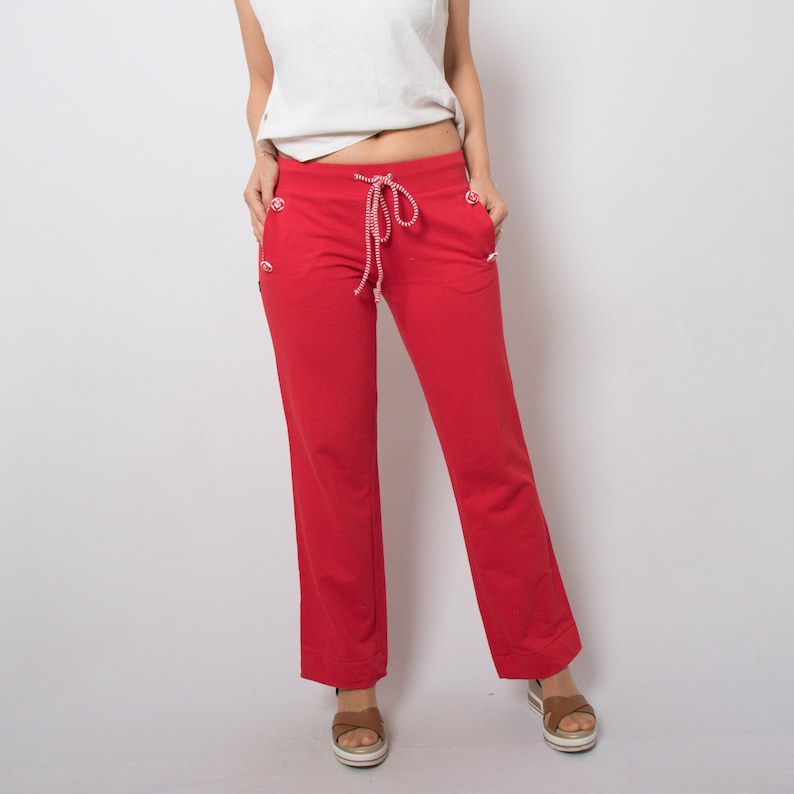 Vintage Red Cotton Drawstring Pants Flare Pants Women Festival Summer Medium Size image 1