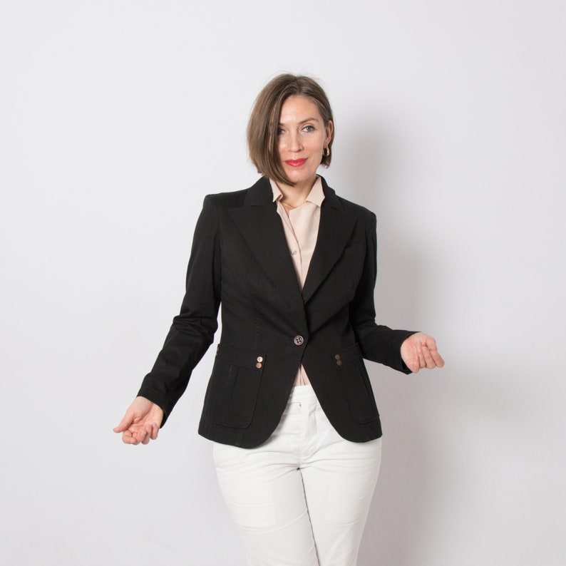 Classic Black Slim Fit Blazer Summer Cotton Jacket Lapel Collar one button Closure Medium Size Gift image 4