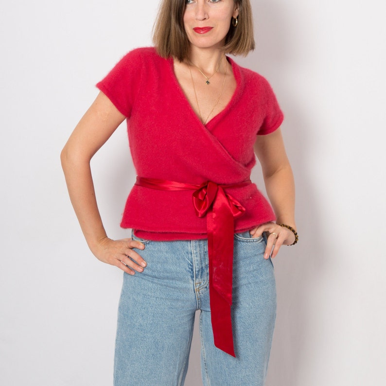 90s Red Angora Cardigan Wrap Fluffy Cardigan Short Sleeve Cardigan Front Silk Tie Medium Size Gift image 1