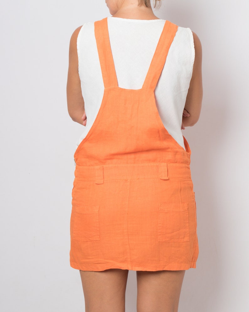 BOLD Orange Linen Overall Dress Linen Jumpsuit Dungaree Dress Small Size image 5