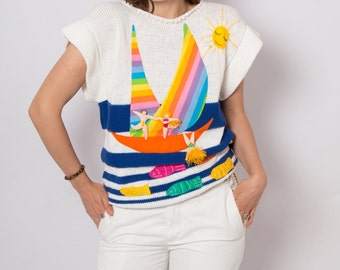 RAQUEL by RAQUEL Collection White Cotton Loose Knit Top Yacht Sea Theme with Swimmers Fish Patches Made in Peru Large Size