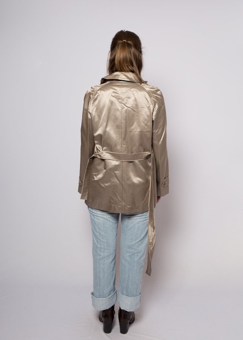 Max Mara Pinaforte Short Trench Coat Metallic Silver Cotton Silk Duster Evening Jacket Large Size