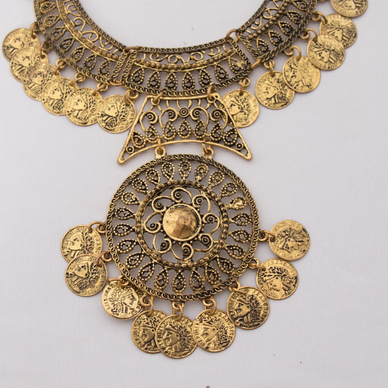 Neckpiece Indian Coin Necklace Massive Statement BIB Necklace Gift for Girlfriend Inspired Greek Goddess Necklace image 5