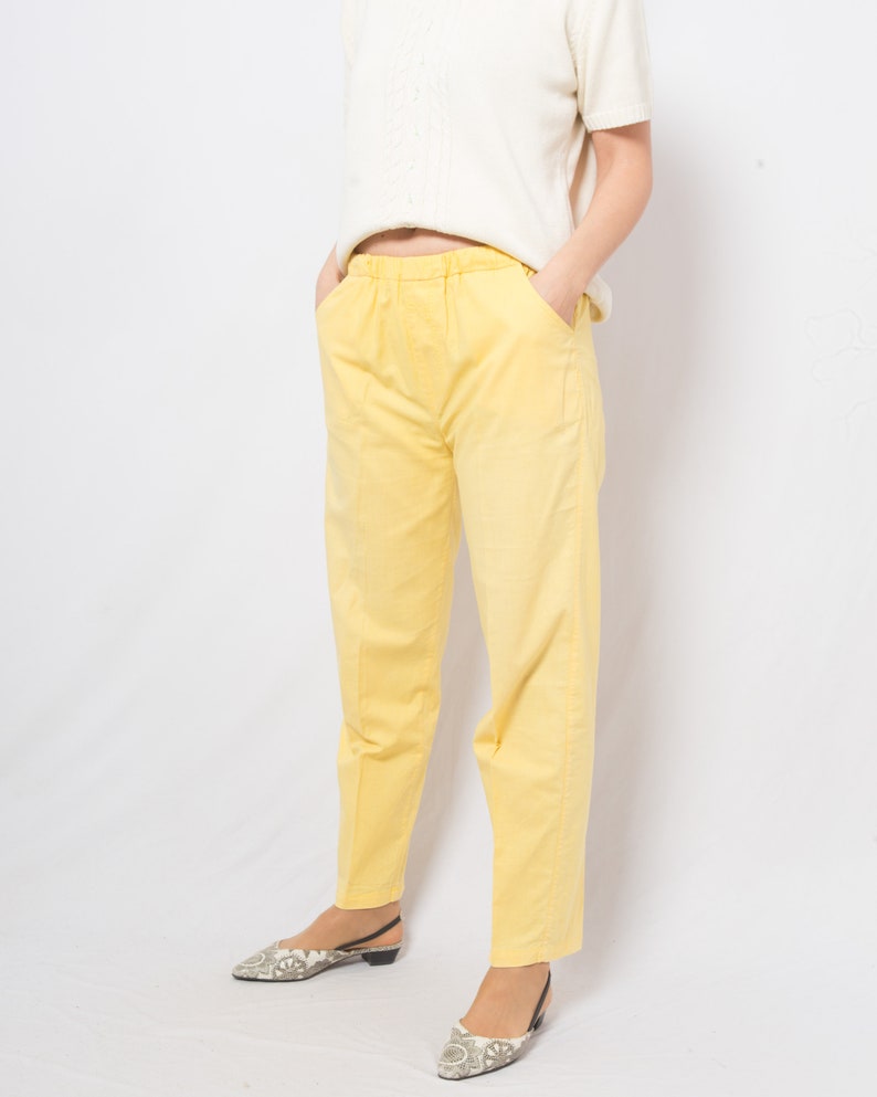 Vintage Lemon Yellow Pants Elastic Waist Pants Summer Yacht Travel Style Medium Size image 4