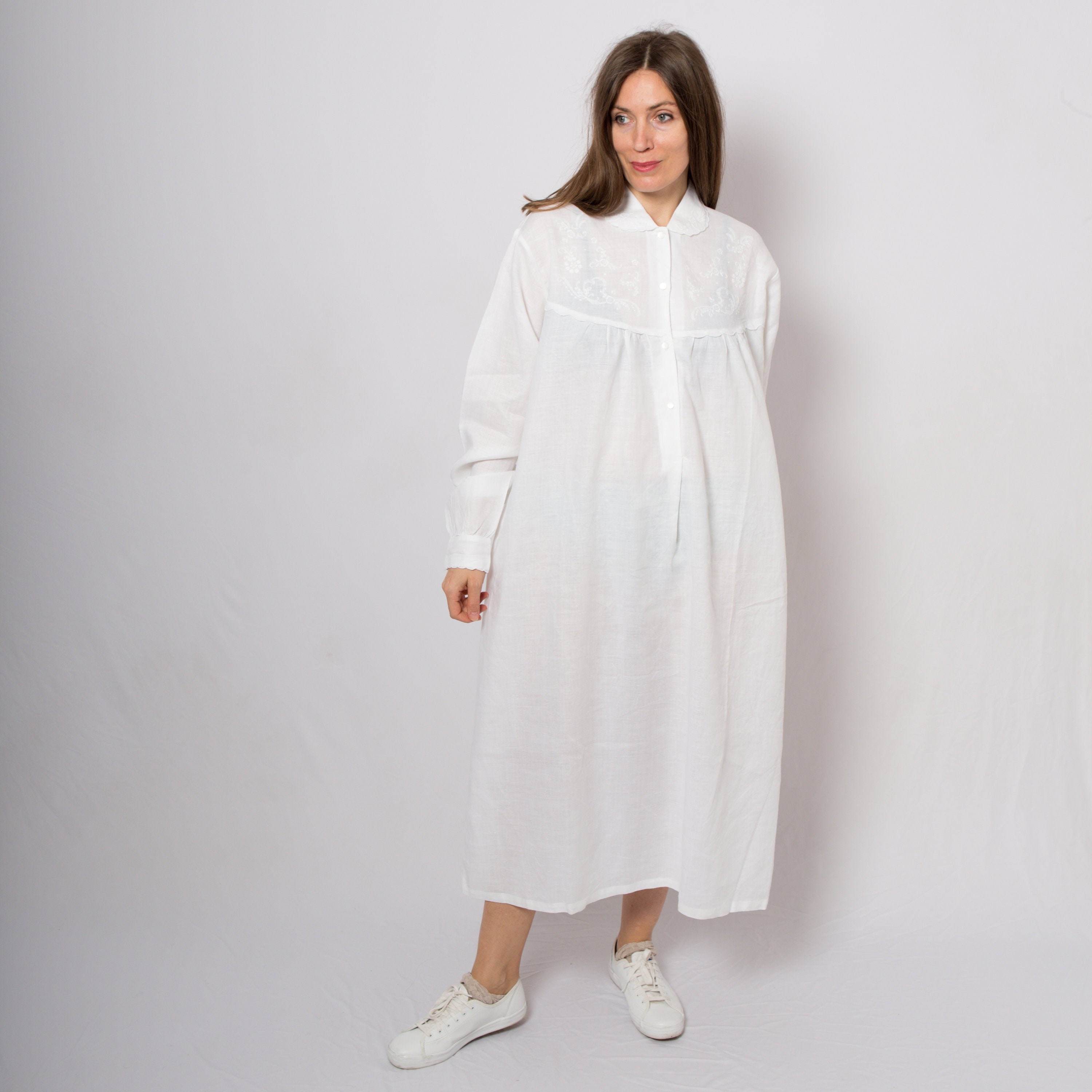 Vintage White Linen Nightgown Victorian Nightgown Embroidered Etsy