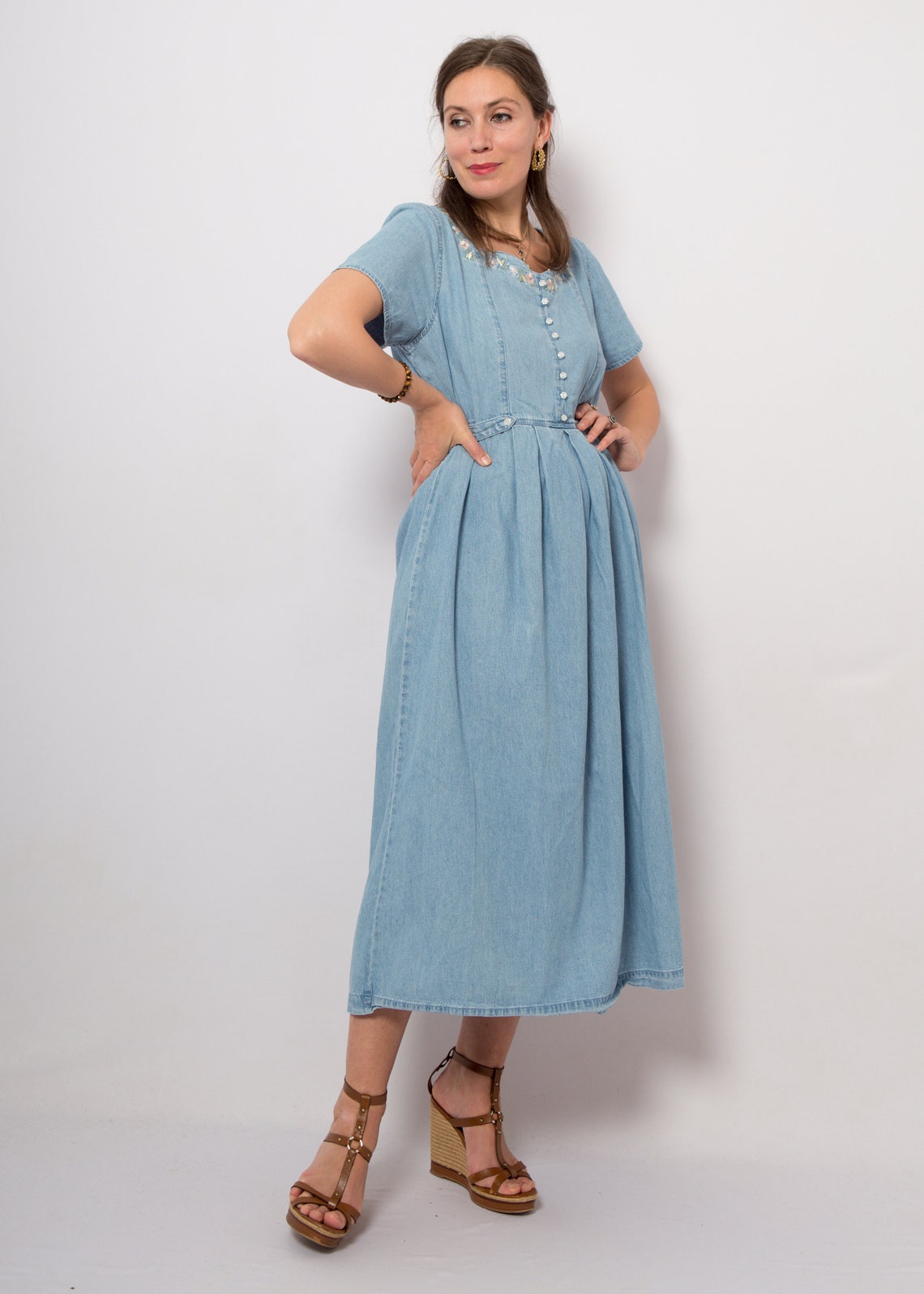 Erika Co 90s Long Denim Dress Shirtwaist Dress Jean Dress Etsy
