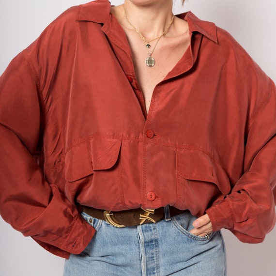 Red Silk Bomber Jacket Padded Shoulder Oversized … - image 2