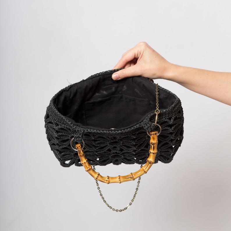Mini sac en paille vintage transparent au crochet avec poignées en bambou image 3