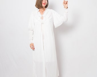 Vintage Long White Peignoir Nylon Dressing Gown Edwardian Style Medium Size Gift