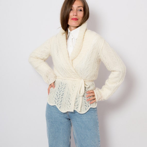VintageNr5 MAX\u0026Co. Mohair Cardigan White Eyelet Fuzzy Wrap Sweater Will Fit M, L Size
