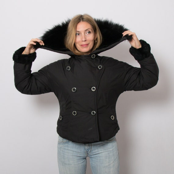 SPORTMAX Code Rabbit Fur Trim Huge Collar Black Down Jacket - Etsy ...