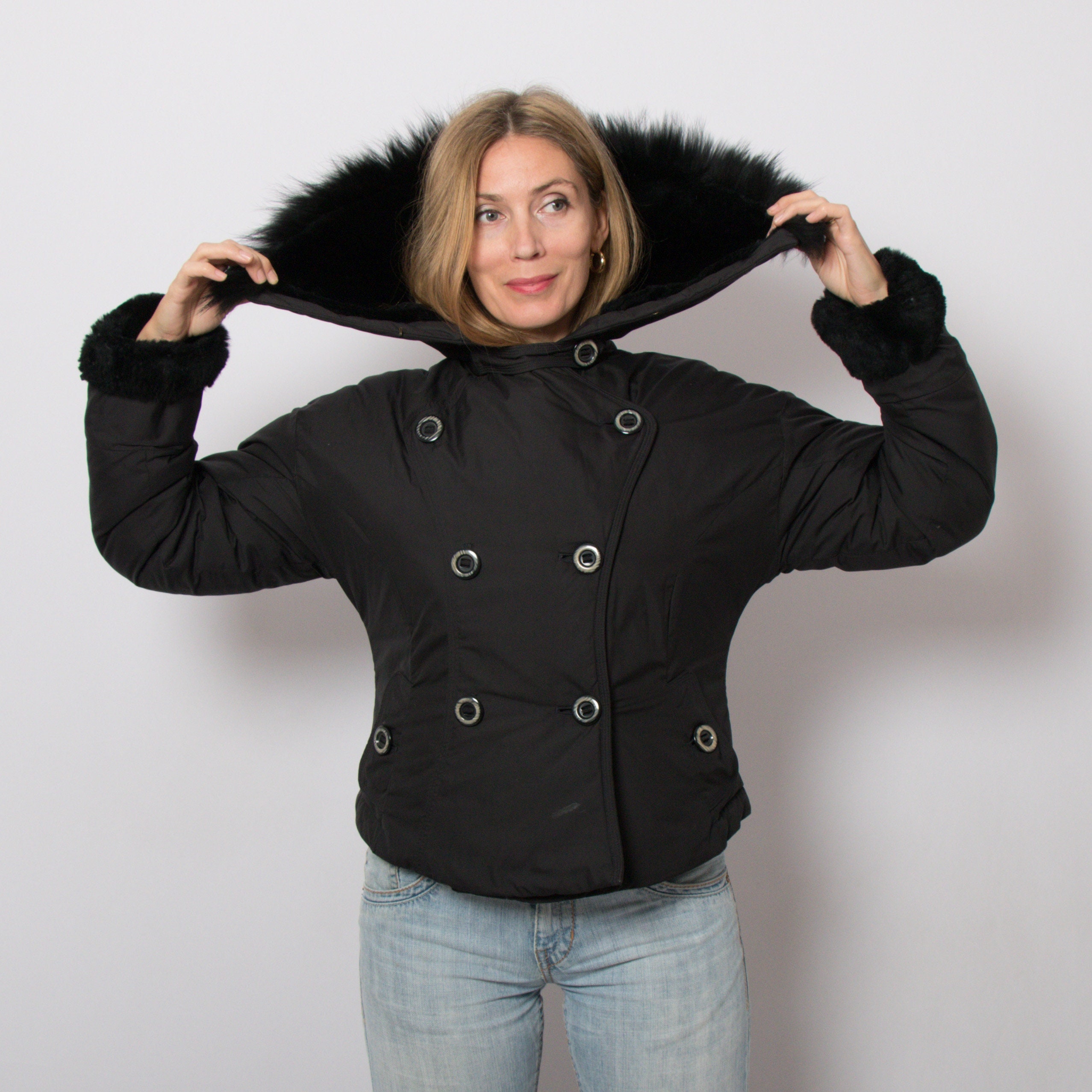 SPORTMAX Code Rabbit Fur Trim Down Jacket Double Breasted SPORTMAX Code Rabbit Fur Trim Down Jacket Double Breasted