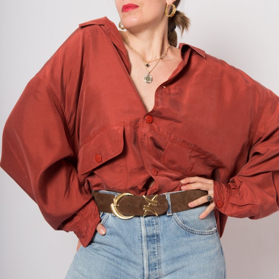 Red Silk Bomber Jacket Padded Shoulder Oversized … - image 1