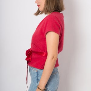90s Red Angora Cardigan Wrap Fluffy Cardigan Short Sleeve Cardigan Front Silk Tie Medium Size Gift image 3
