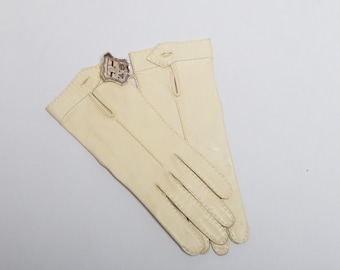 Vintage Ladies Leather Gloves Yellowish White Leather Gloves Soft Tight Short Gloves XS Size Gift