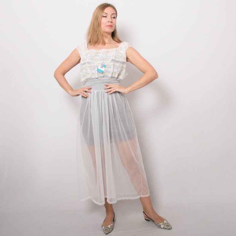 RETRO Babydoll Nightgown Transparent Nylon Negligee Long White See Through Nylon Nightgown Style Edwardian Nightgown Large Size image 1