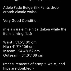 Adele Fado Beige Silk Pants Drop Crotch Pants Elastic Waist can fit Small Medium Size Gift Made in Italy image 2