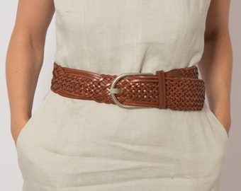 Vintage Brown Braided Belt Women Braided Leather Belt Wide Leather Belt with Large Silver Metallic Buckle Festival Belt One Size