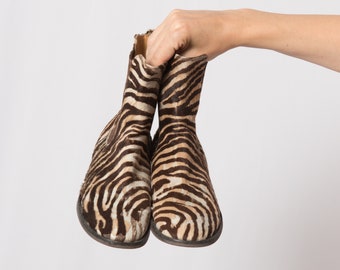 BORBONESSE Zebra Print Flat Ankle Boots Animal Print Leather Boots EU 38 Made in Italy