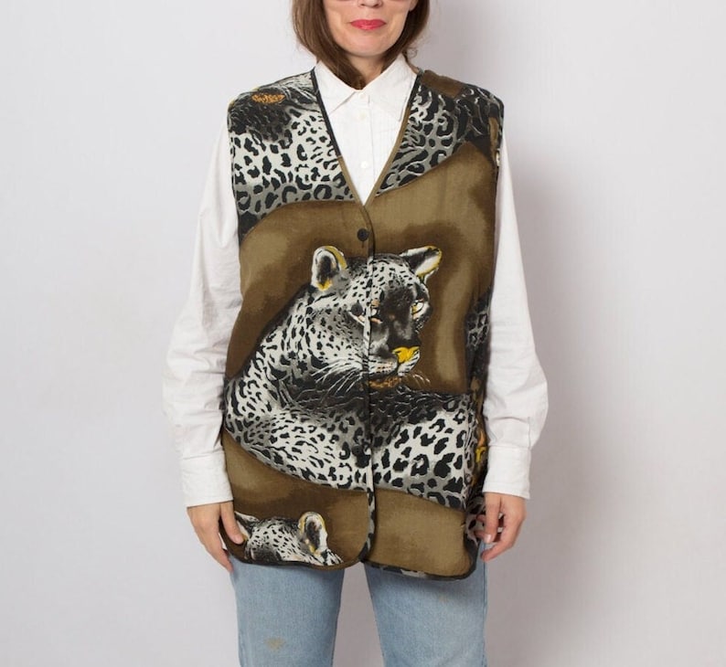 Vintage Ladies Long Vest Puma Print Leopard Vest Long Sleeveless Jacket Womens Long Vest can fit M L Size Gift image 1