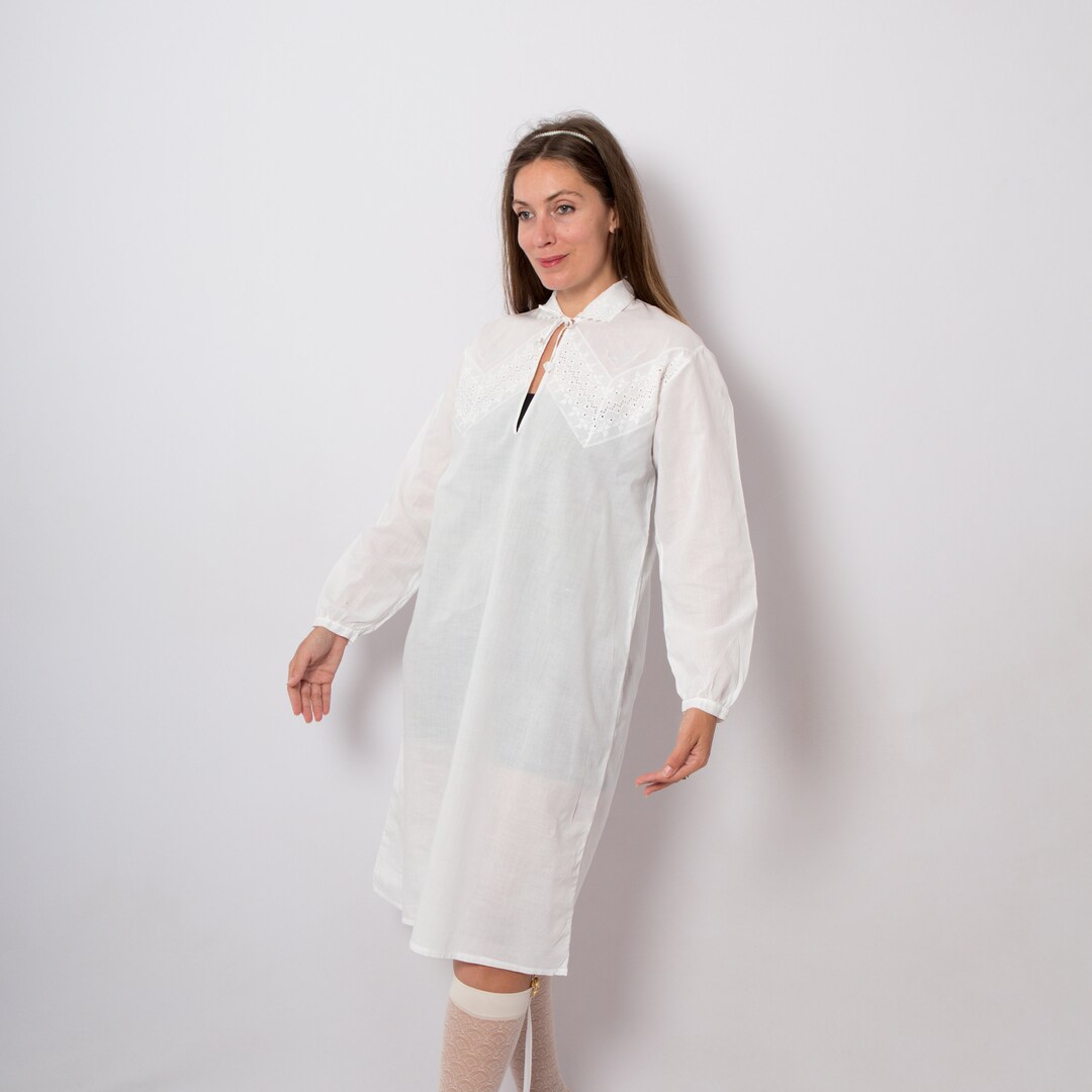 Vintage White Cotton Nightgown Eyelet Embroidered Sleepwear Etsy Polska