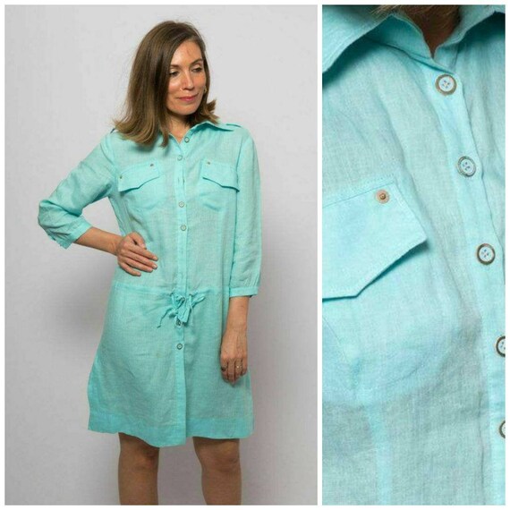 Blue Linen Dress Linen Shirt Dress Turquoise Dress