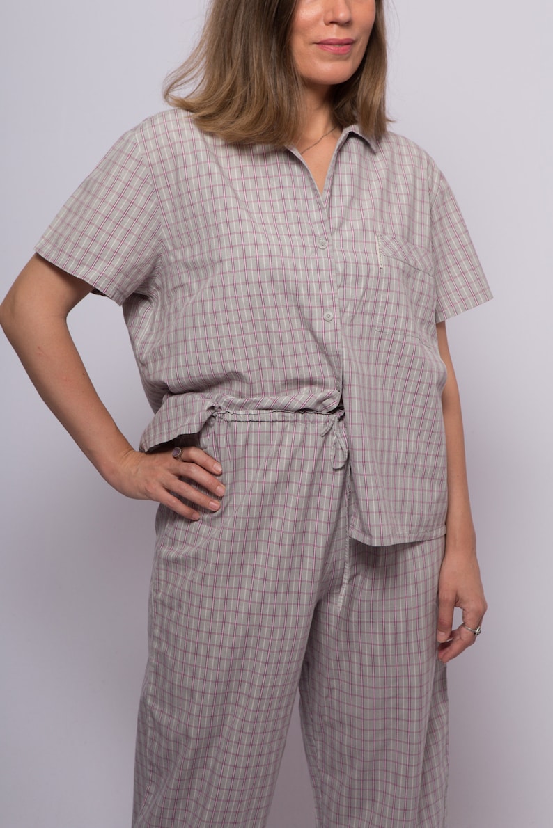 90s Plaid Cotton Pajama Set Tartan Loungwear Pyjama Femme Night Gown Sleepwear Medium Size
