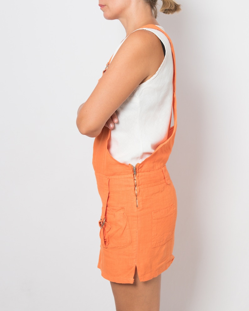 BOLD Orange Linen Overall Dress Linen Jumpsuit Dungaree Dress Small Size image 4