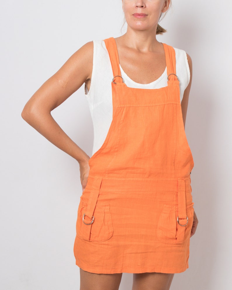 BOLD Orange Linen Overall Dress Linen Jumpsuit Dungaree Dress Small Size image 3