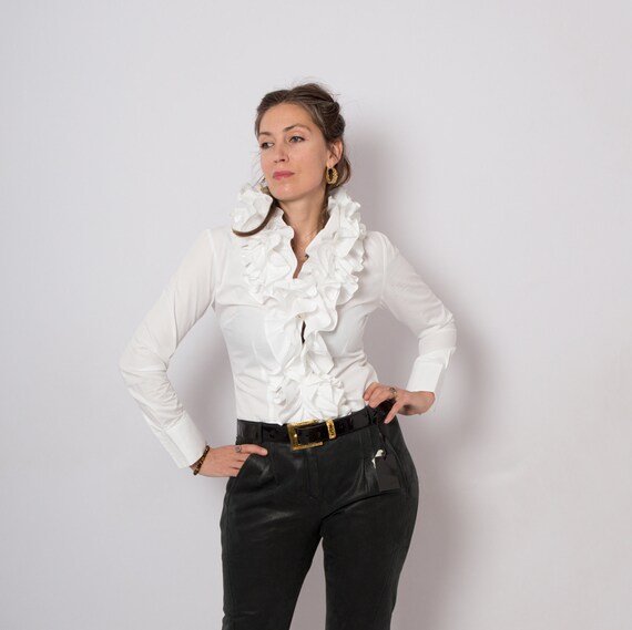90s Ruffle Blouse White Cotton Blouse Ruffle Shirt