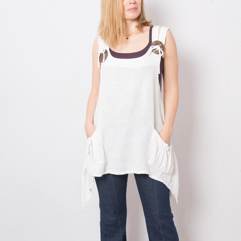 Assymetrical White Linen Tunic Top with Pockets Linen Pinafore Top Large Size Gift for Girlfriend image 6