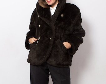Vintage Faux Fur Jacket Faux Fur Coat Women Vegan Friendly Fake Fur Jacket Double Breasted Jacket Teddy Medium  Size