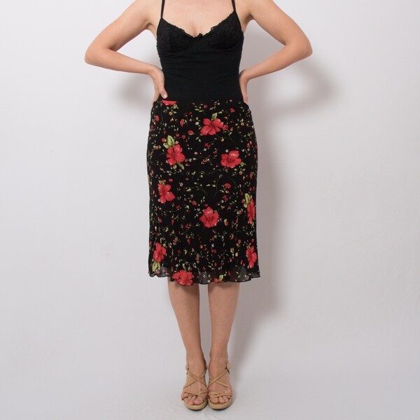90s Y2K Floral Mesh Skirt Sheer Long Midi Chiffon Skirt Tango Skirt Flamenco Skirt Dolce Vita Summer Vacation Style Large Size W 27