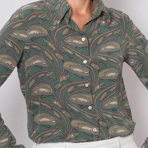 Vintage Silk Button Down Shirt Green Silk Shirt Collared Abstract Print Medium Size Gift image 7