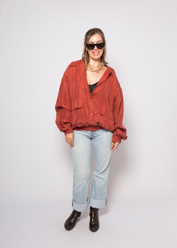 Red Silk Bomber Jacket Padded Shoulder Oversized … - image 5