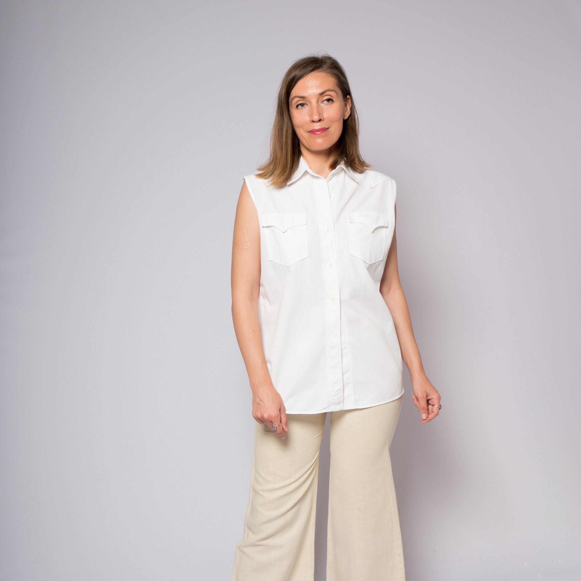 Ärmellose Kragen Bluse weiß Baumwolle Shirt einfache ...