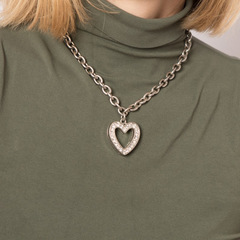 90s Rhinestone Heart Necklace Large Silver Heart Pendant Chain Adjustable Size Gift for Girlfriend Daughter image 3