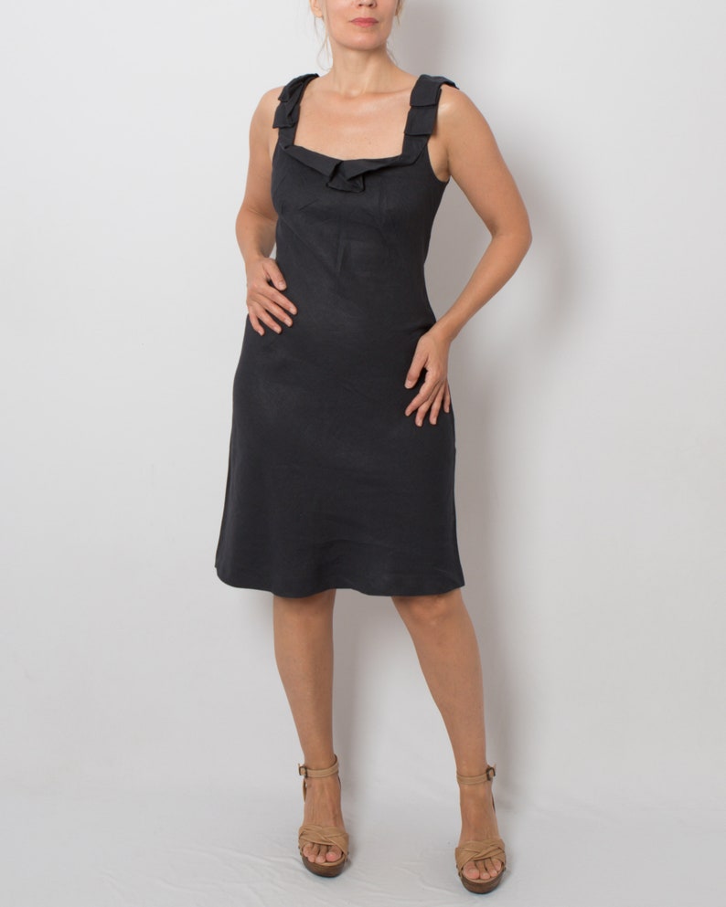 ASPESI Black Linen Dress Elegant Semi Formal Dress Summer Mourning Dress Medium Size Gift image 6