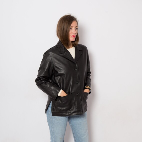 90s Black Long Leather Jacket Women Leather Coat w
