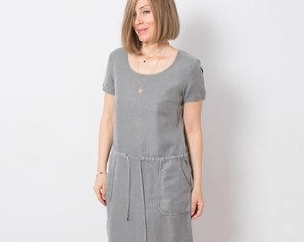 Y2K Gray Mini Dress Drawstring Waist Dress Linen Cotton blend Medium Size Gift
