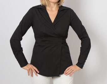 Black Wrap Shirt Women Wrap Blouse Long Sleeves Small Size