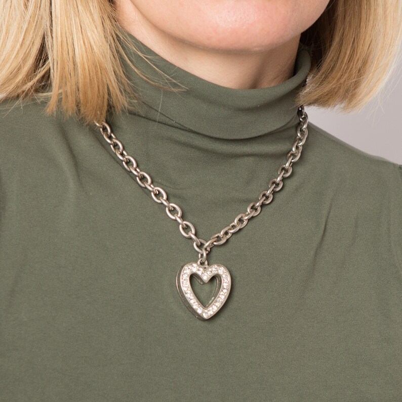 90s Rhinestone Heart Necklace Large Silver Heart Pendant Chain Adjustable Size Gift for Girlfriend Daughter image 2