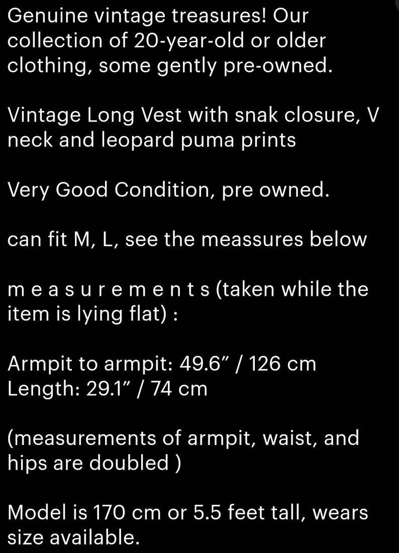 Vintage Ladies Long Vest Puma Print Leopard Vest Long Sleeveless Jacket Womens Long Vest can fit M L Size Gift image 2