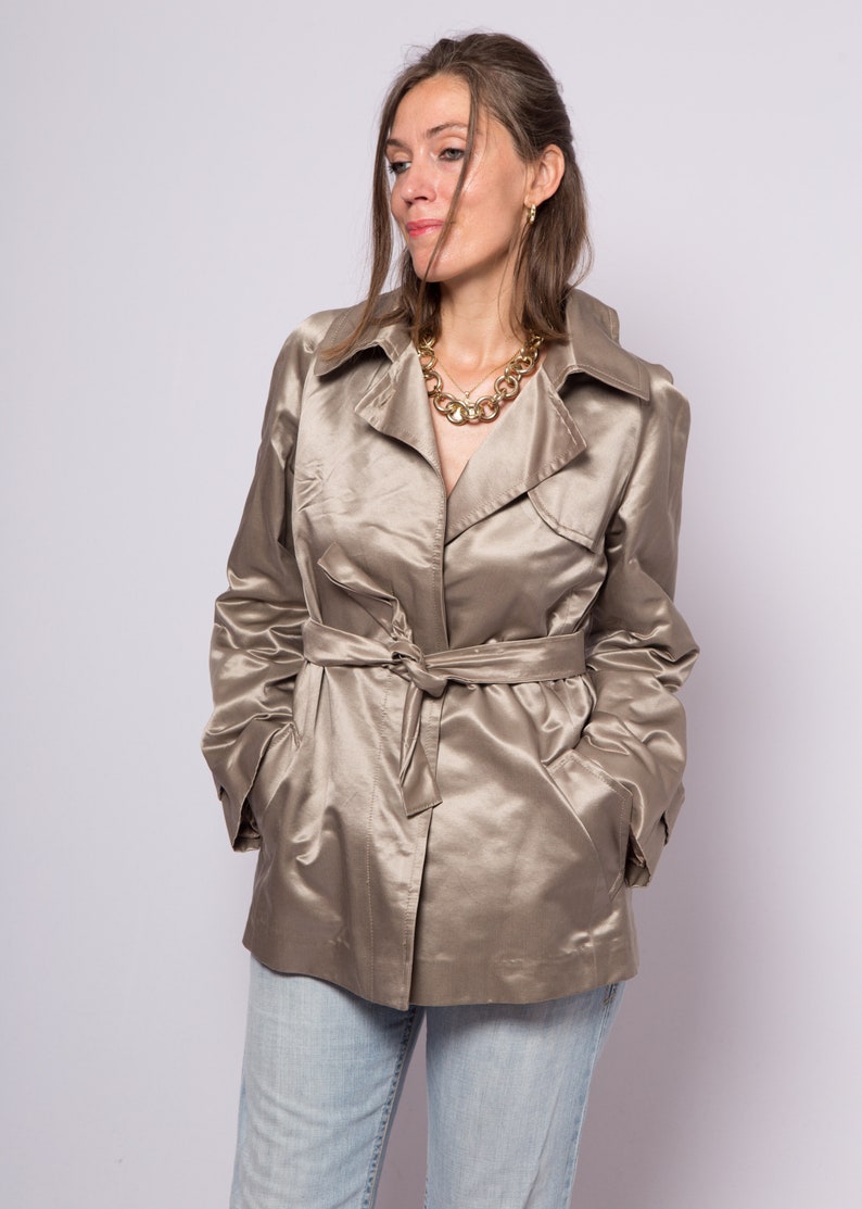 Max Mara Pinaforte Short Trench Coat Metallic Silver Cotton Silk Duster Evening Jacket Large Size